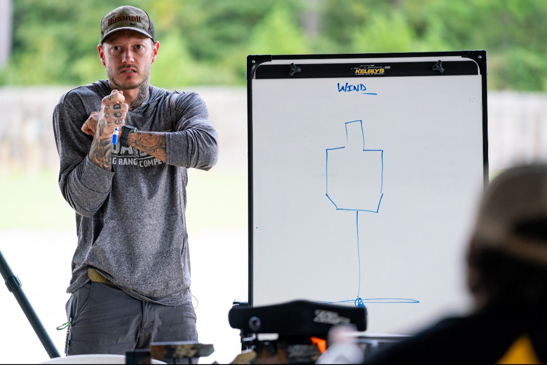 Instructor demonstrating wind calls at a whiteboard